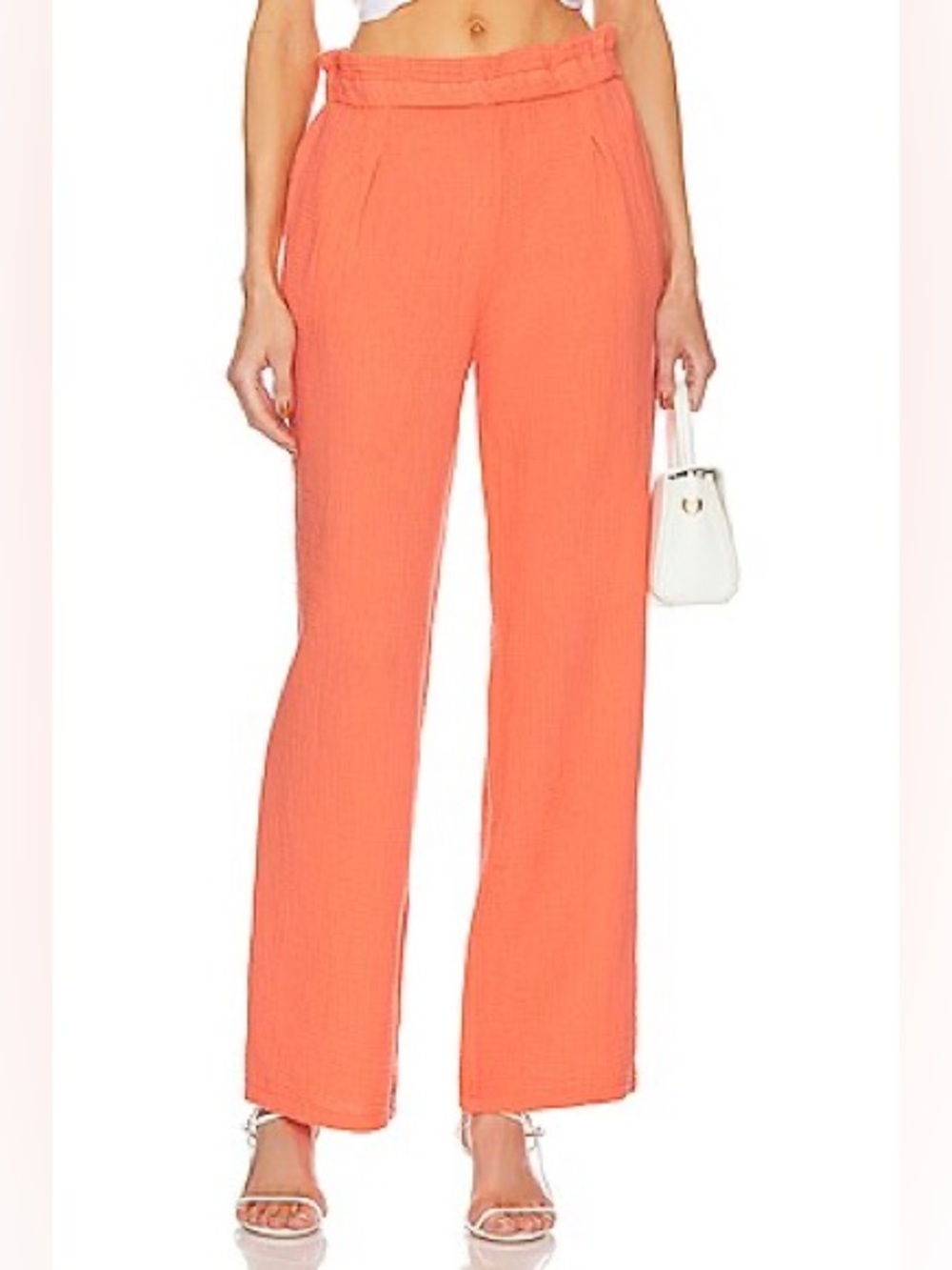 Bobi. Paper Bag Waist Wide Leg Gauze Pant. Hot Coral. Size Medium.